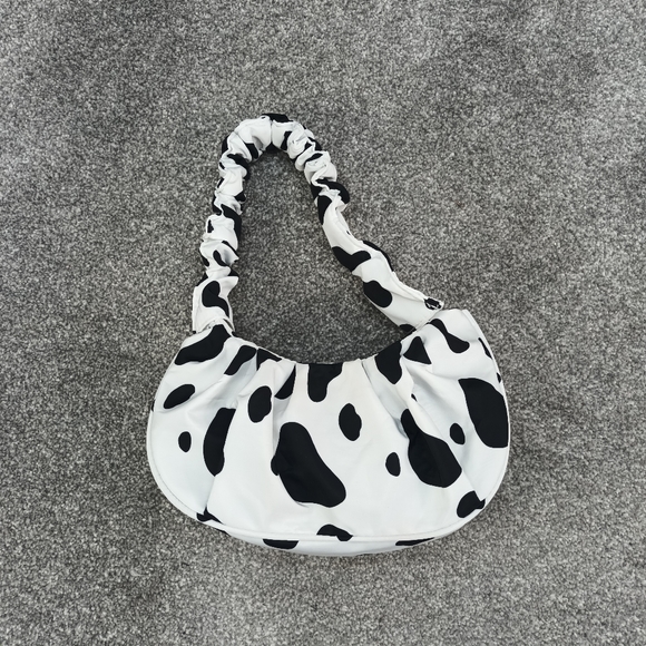 BLACK WHITE COW PRINT HANDBAG SHOULDER BAG Y2K POLYESTER RUCHED CARRY - Picture 3 of 5